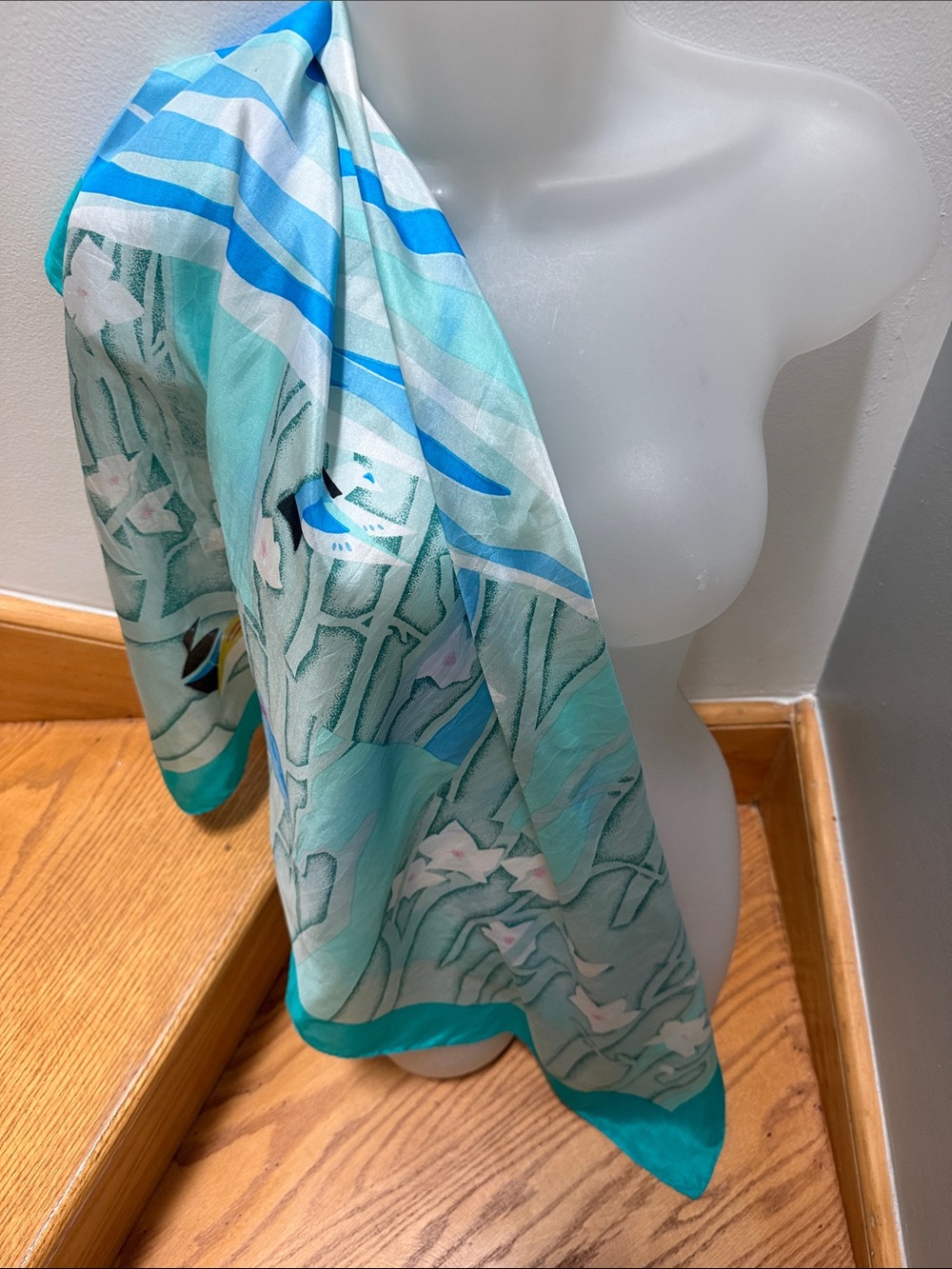 VTG Abstract Art Deco Avian Bird Flowy Silk Scarf Teal Waves Trees Square Retro - Picture 2 of 14